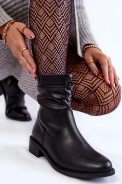 Damskie Marszczone Botki Na Płaskim Obcasie Czarne Sersa