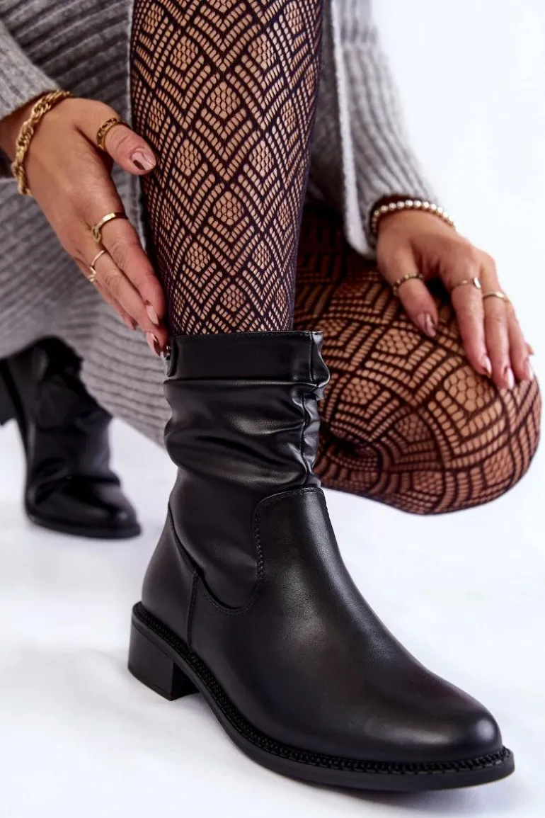 Damskie Marszczone Botki Na Płaskim Obcasie Czarne Sersa