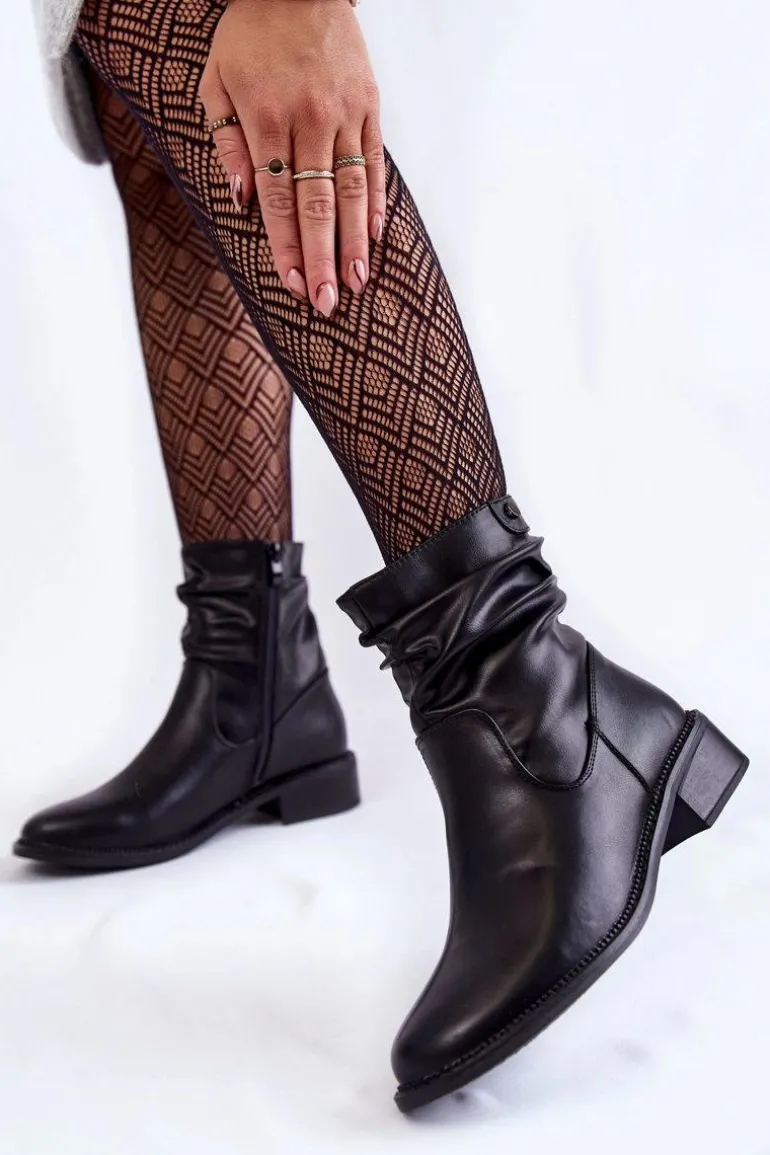 Damskie Marszczone Botki Na Płaskim Obcasie Czarne Sersa