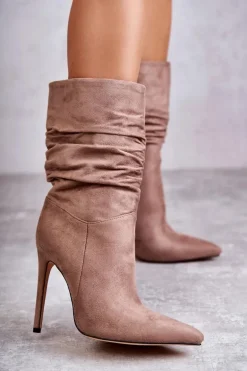 Damskie Marszczone Botki Kozaki Brązowe Laguna