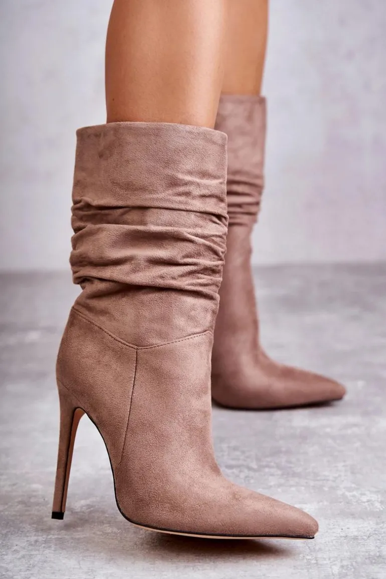 Damskie Marszczone Botki Kozaki Brązowe Laguna