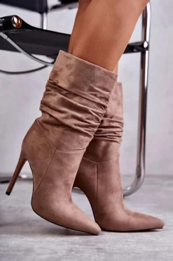 Damskie Marszczone Botki Kozaki Brązowe Laguna