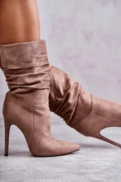 Damskie Marszczone Botki Kozaki Brązowe Laguna