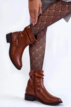 Damskie Marszczone Botki Na Płaskim Obcasie Brązowe Sersa