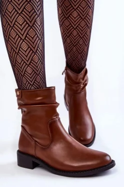 Damskie Marszczone Botki Na Płaskim Obcasie Brązowe Sersa