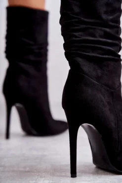 Damskie Marszczone Botki Kozaki Czarne Laguna