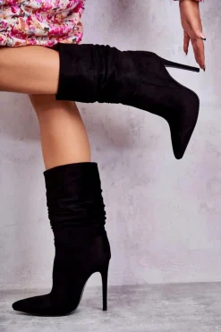 Damskie Marszczone Botki Kozaki Czarne Laguna