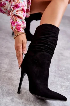 Damskie Marszczone Botki Kozaki Czarne Laguna