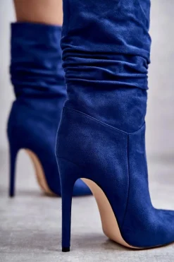 Damskie Marszczone Botki Kozaki Niebieskie Laguna