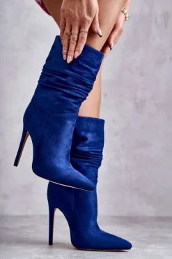 Damskie Marszczone Botki Kozaki Niebieskie Laguna