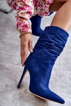 Damskie Marszczone Botki Kozaki Niebieskie Laguna