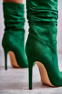 Damskie Marszczone Botki Kozaki Zielone Laguna