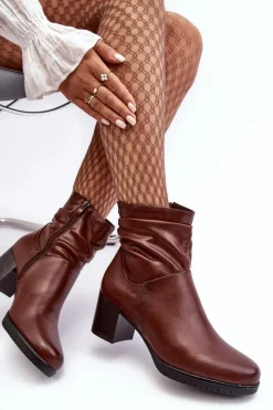 Damskie Marszczone Botki Na Słupku Brązowe Liriam