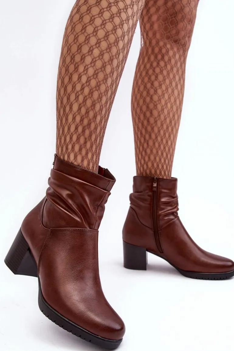 Damskie Marszczone Botki Na Słupku Brązowe Liriam
