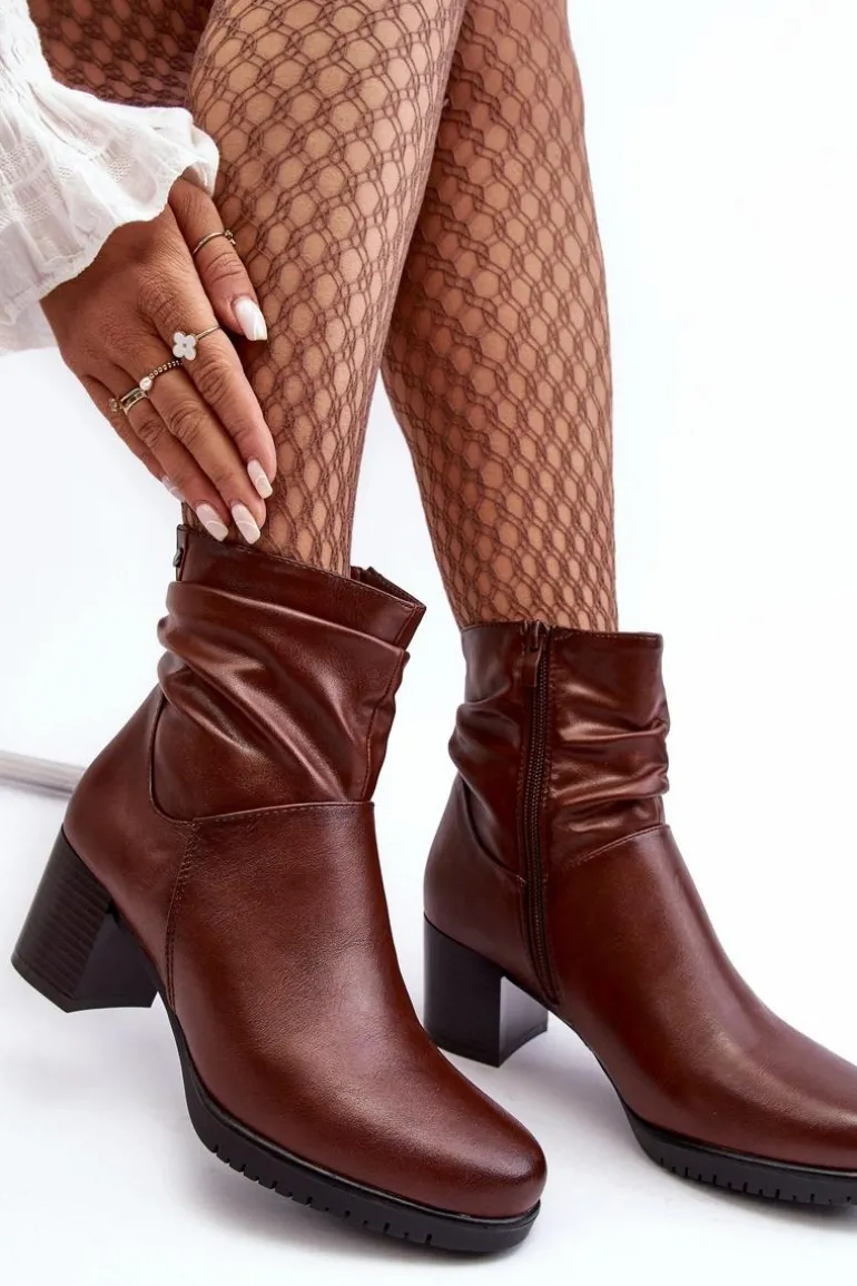 Damskie Marszczone Botki Na Słupku Brązowe Liriam