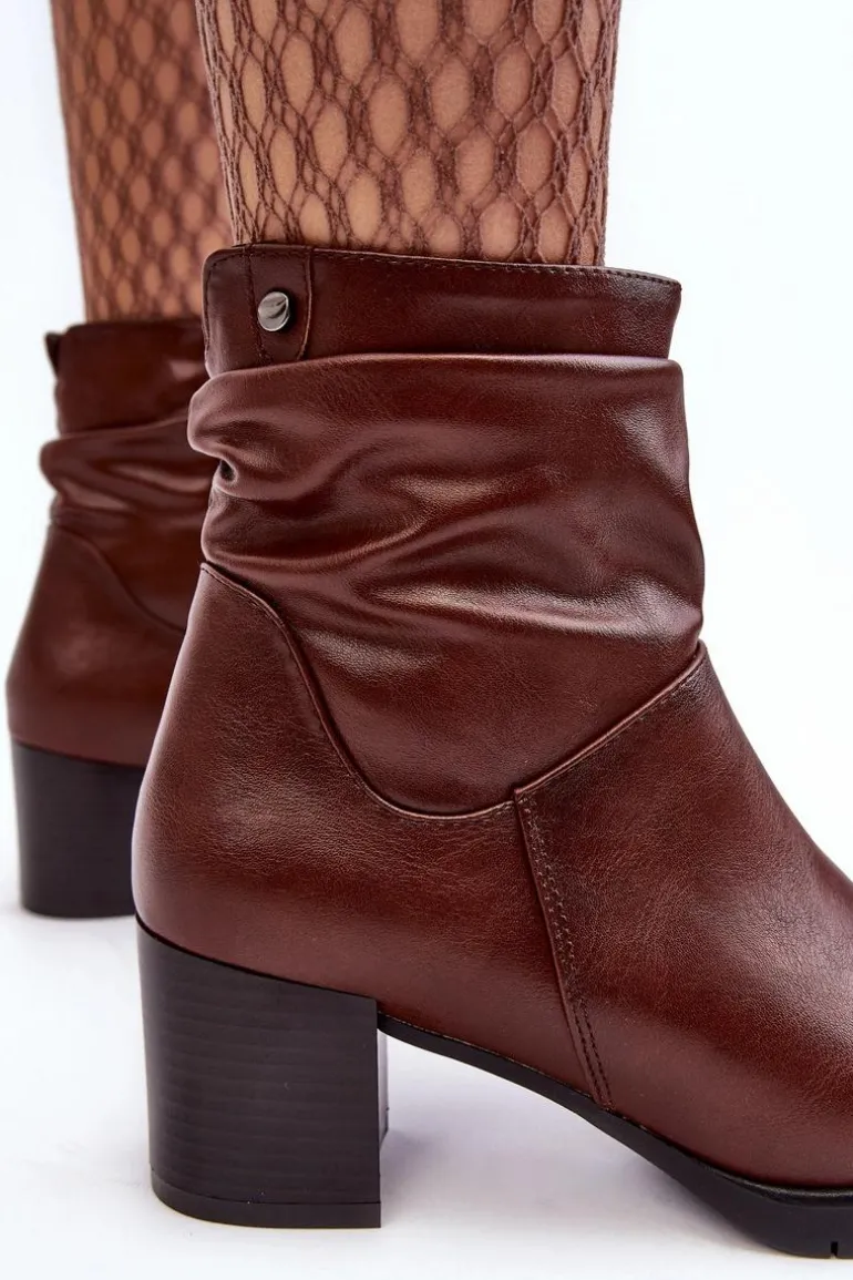 Damskie Marszczone Botki Na Słupku Brązowe Liriam