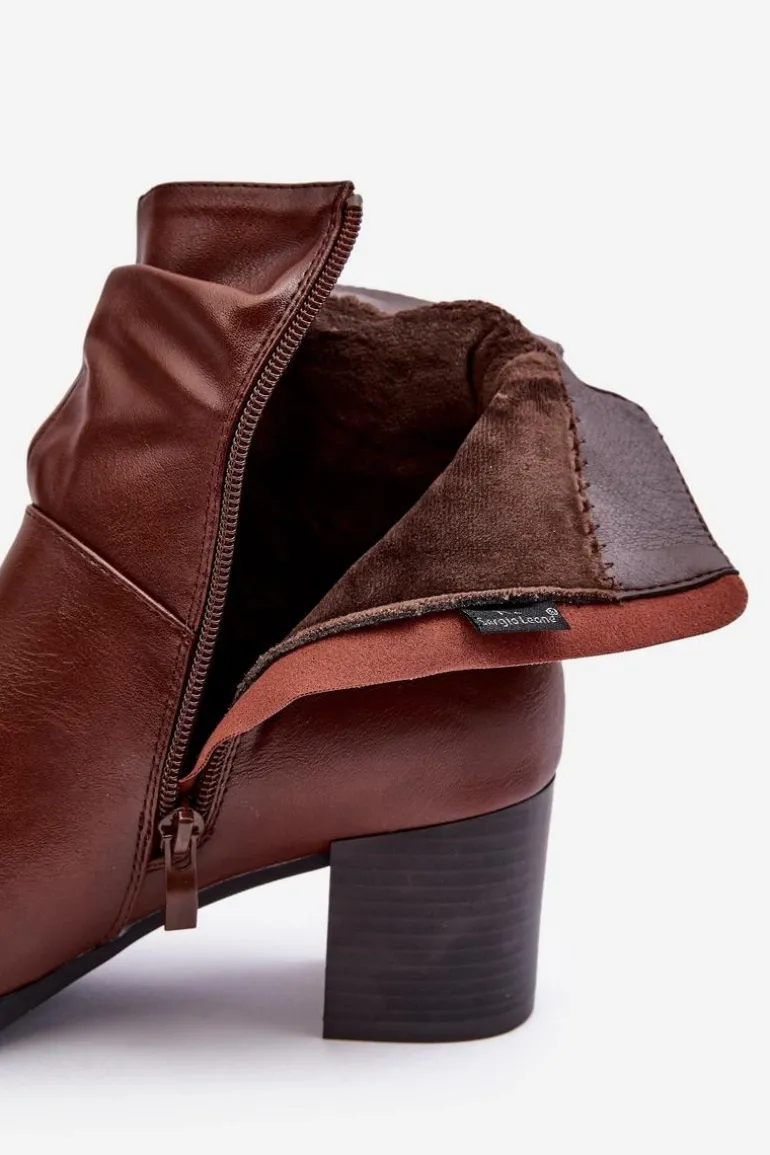 Damskie Marszczone Botki Na Słupku Brązowe Liriam