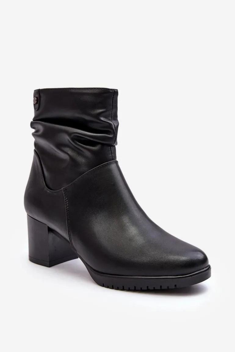 Damskie Marszczone Botki Na Słupku Czarne Liriam