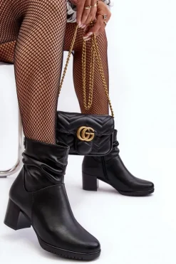 Damskie Marszczone Botki Na Słupku Czarne Liriam