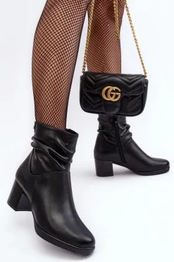 Damskie Marszczone Botki Na Słupku Czarne Liriam