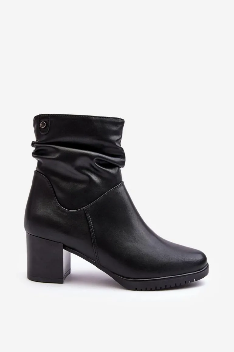 Damskie Marszczone Botki Na Słupku Czarne Liriam