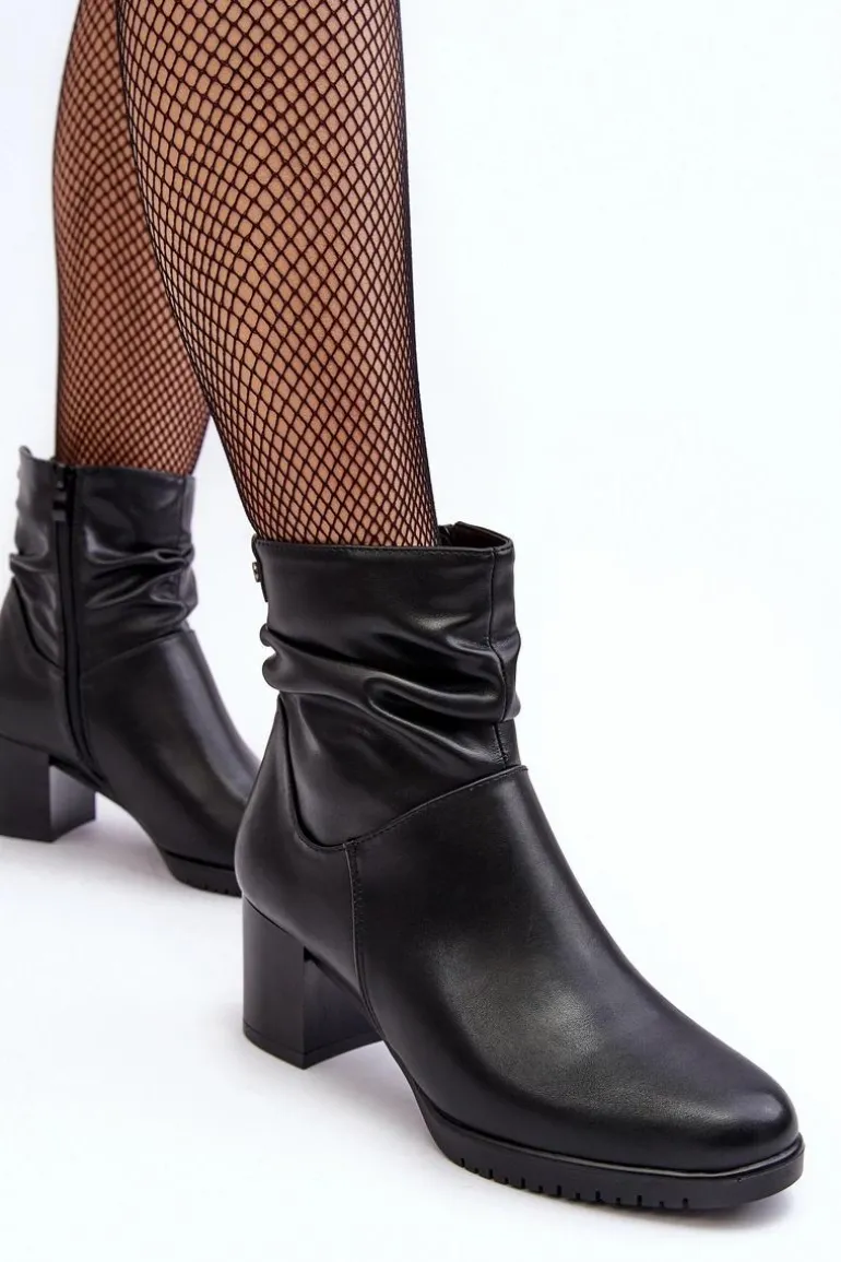 Damskie Marszczone Botki Na Słupku Czarne Liriam