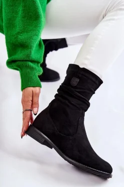 Damskie Marszczone Zamszowe Botki Czarne Joanne