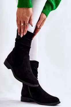 Damskie Marszczone Zamszowe Botki Czarne Joanne