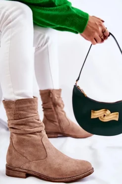 Damskie Marszczone Zamszowe Botki Beżowe Joanne