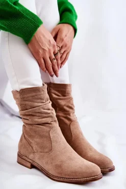 Damskie Marszczone Zamszowe Botki Beżowe Joanne