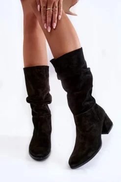 Damskie Marszczone Zamszowe Kozaki Czarne Alfra