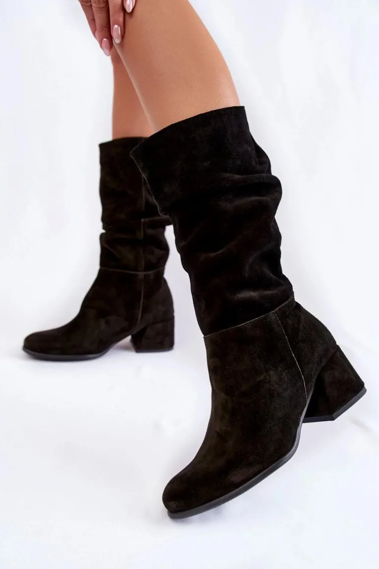 Damskie Marszczone Zamszowe Kozaki Czarne Alfra