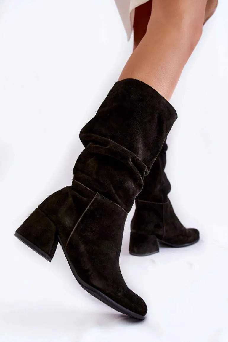 Damskie Marszczone Zamszowe Kozaki Czarne Alfra