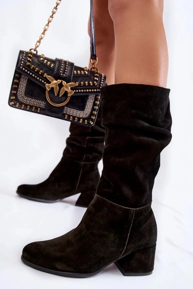 Damskie Marszczone Zamszowe Kozaki Czarne Alfra