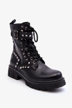 Damskie Masywne Botki Workery z Dżetami Czarne Tyralis