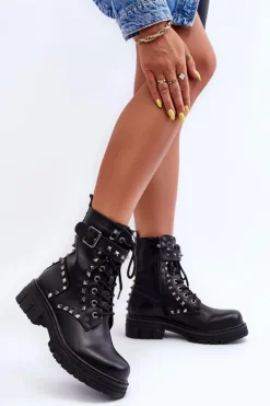 Damskie Masywne Botki Workery z Dżetami Czarne Tyralis