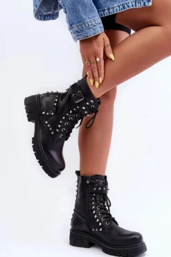 Damskie Masywne Botki Workery z Dżetami Czarne Tyralis