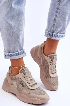 Damskie Materiałowe Buty Sportowe Memory Foam System Big Star LL274A066 Beżowe