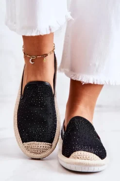 Damskie Materiałowe Espadryle Z Cyrkoniami Czarne Deimos