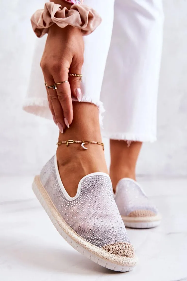 Damskie Materiałowe Espadryle Z Cyrkoniami Szare Deimos