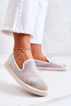 Damskie Materiałowe Espadryle Z Cyrkoniami Szare Deimos