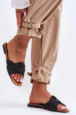 Damskie Materiałowe Klapki Czarne Aversa