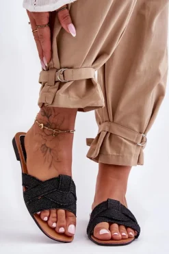 Damskie Materiałowe Klapki Czarne Aversa