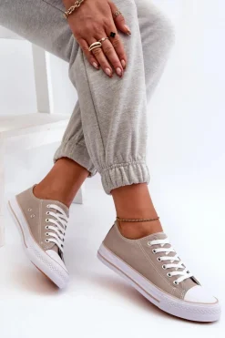 Damskie Materiałowe Klasyczne Niskie Trampki Ciemnobeżowe Lennabella