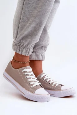 Damskie Materiałowe Klasyczne Niskie Trampki Ciemnobeżowe Lennabella