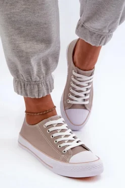 Damskie Materiałowe Klasyczne Niskie Trampki Ciemnobeżowe Lennabella