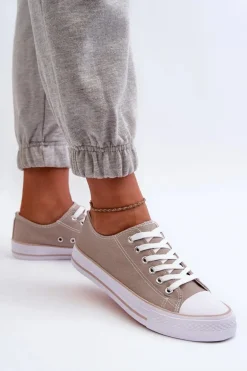 Damskie Materiałowe Klasyczne Niskie Trampki Ciemnobeżowe Lennabella