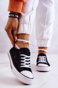 Damskie Materiałowe Trampki Ażurowe Czarne Venture