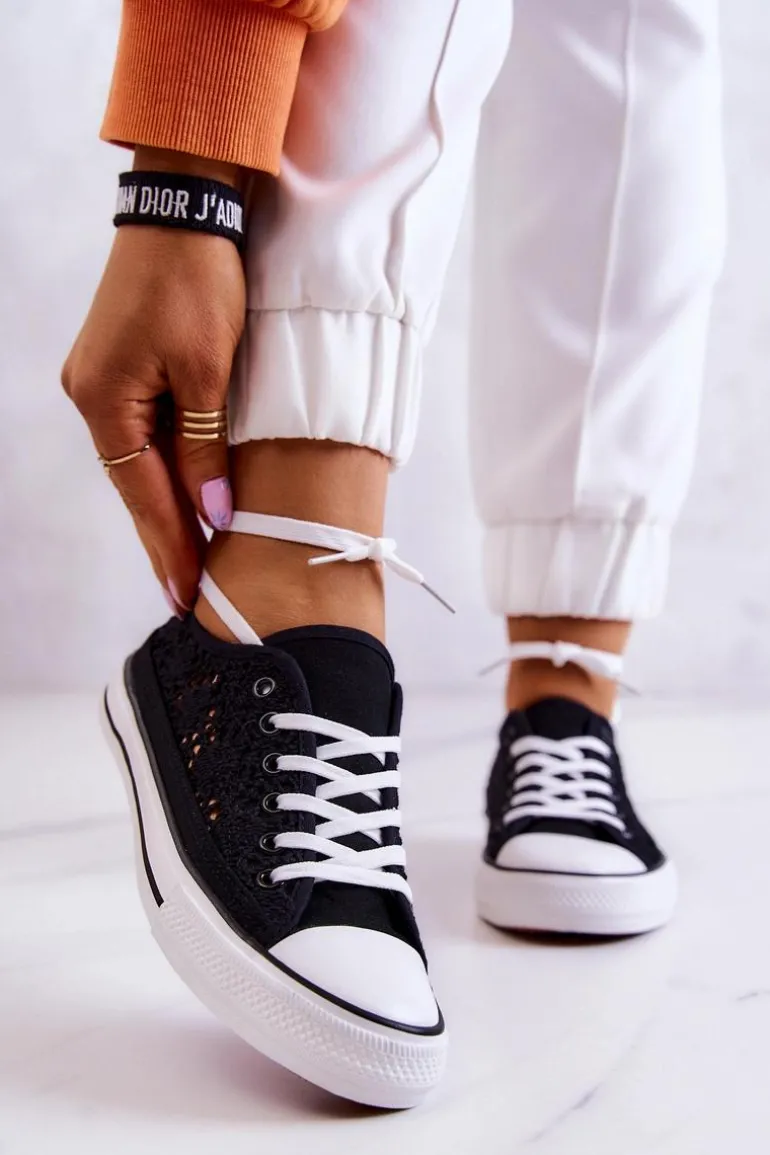 Damskie Materiałowe Trampki Ażurowe Czarne Venture