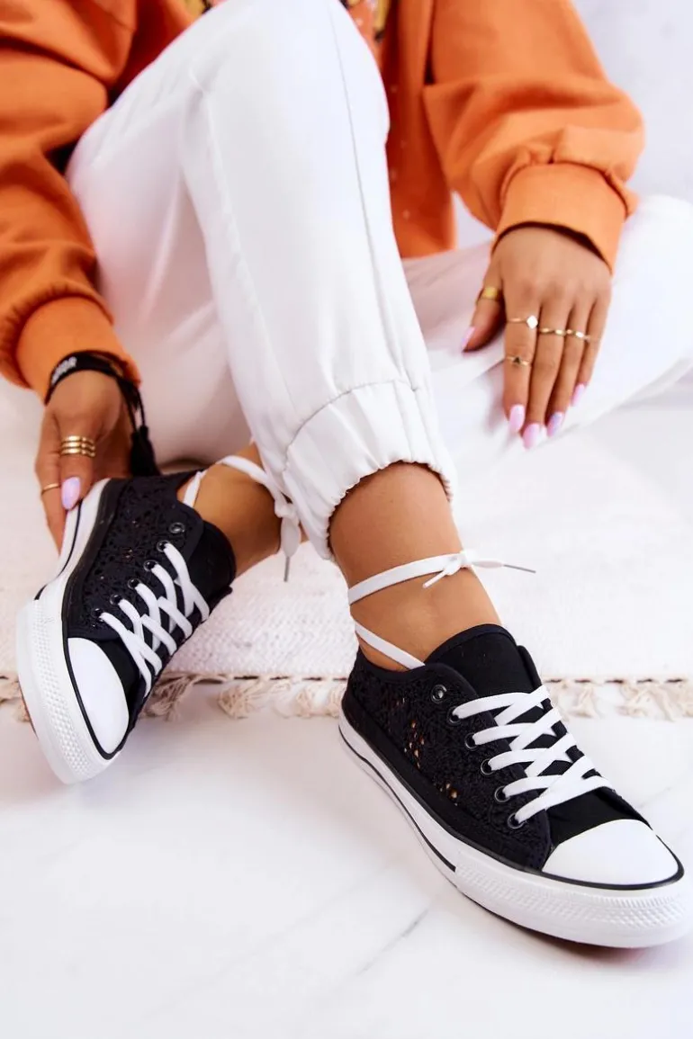 Damskie Materiałowe Trampki Ażurowe Czarne Venture